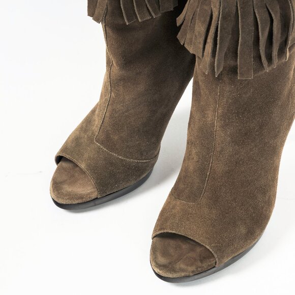 Burberry Pelling Khaki Suede Fringe Peep-Toe Booties - Picture 6 of 10